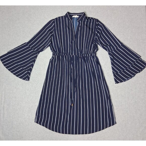 Blush Dresses & Skirts - Hint Of Blush 3/4 Bell Sleeve Midi Dress Small Navy Blue Pinstripe Nautical